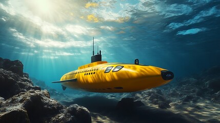 Fototapeta premium Bright Yellow Submarine Underwater in Clear Ocean