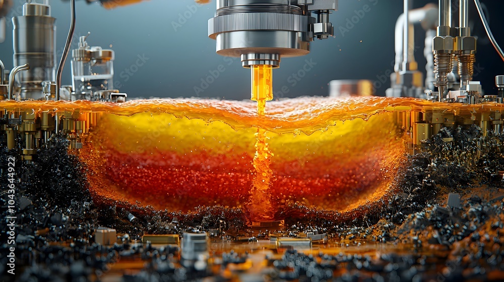 Poster Captivating image depicting the intricate plasma process with distinct red and yellow fluid layers showcasing the dynamic nature of this scientific phenomenon