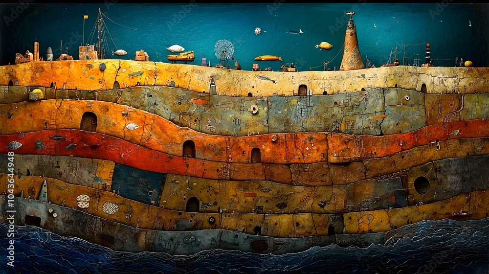 Poster captivating layered cross section revealing the intricate underwater ecosystems and diverse marine h