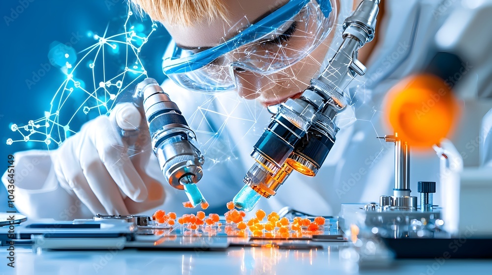 Aufkleber Close up detailed view of high tech testing devices and instruments being used to analyze and evaluate small scientific samples in a professional laboratory research setting