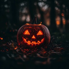 halloween pumpkin sits in the glowing background