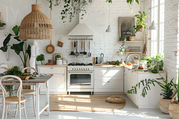 3d rendering of a modern kitchen in a loft with wooden walls ,Stylish kitchen interior with morning light in large window