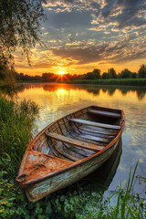 Obraz premium A stunning sunrise over a tranquil lake with a misty forest reflected on the water's surface