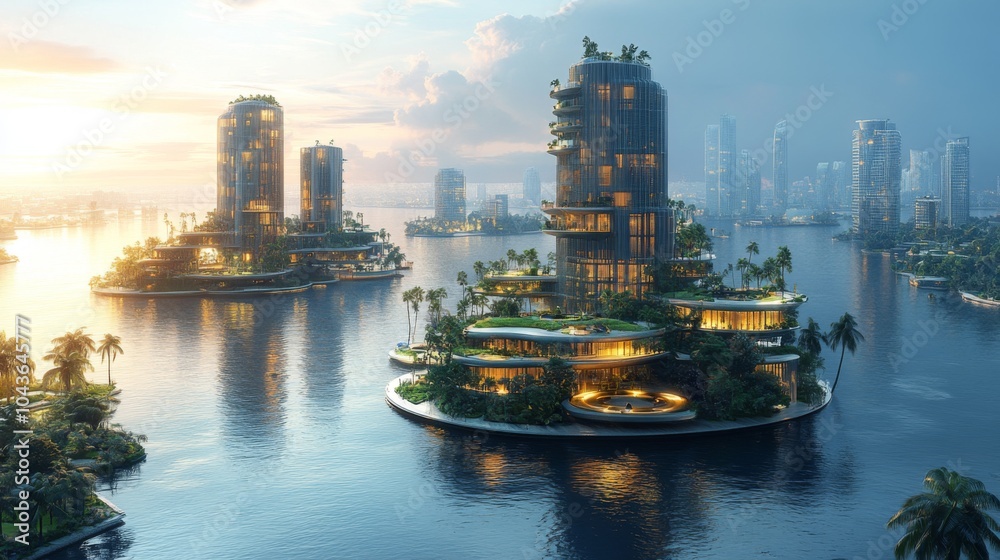 Aufkleber this waterfront city showcases innovative architecture with eco-friendly designs, surrounded by wate