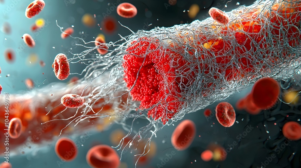 Poster Closeup Macro Image Showcasing the Intricate Formation of a Blood Clot with Fibrin Threads and Cellular Structure