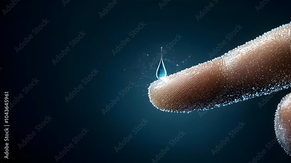 Poster closeup macro photograph of a transparent liquid droplet on the tip of a finger after a glucose moni