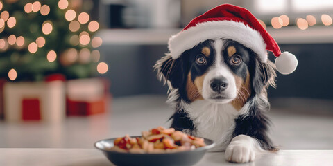A cute Australian Shepherd dog in a Santa hat sits near a bowl of food against the backdrop of a Christmas tree. Animal nutrition concept. Advertising banner