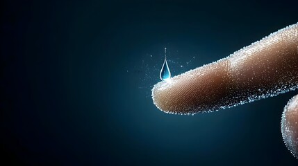 Closeup Macro Photograph of a Transparent Liquid Droplet on the Tip of a Finger After a Glucose Monitoring Test  Medical Healthcare Science and Technology Concept