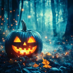 halloween pumpkin sits in the glowing background