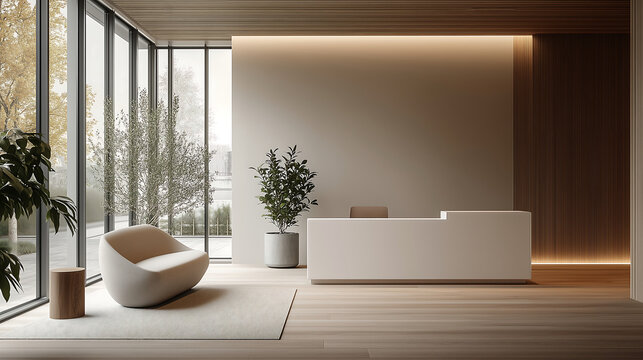 Modern office reception with natural lighting and minimalist decor in an open space