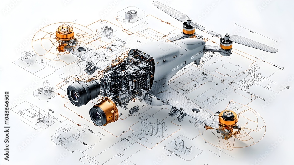Poster Comprehensive 3D cross section showcasing the intricate inner workings and advanced components of a cutting edge drone or unmanned aerial vehicle including motors sensors and