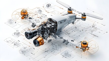 Comprehensive 3D cross section showcasing the intricate inner workings and advanced components of a cutting edge drone or unmanned aerial vehicle including motors sensors and