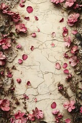A beautiful display of pink flower petals and delicate lace on cracked natural surface for artistic inspiration