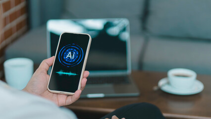 hand holding smart phone voice command with digital Artificial intelligence AI, technology smart...