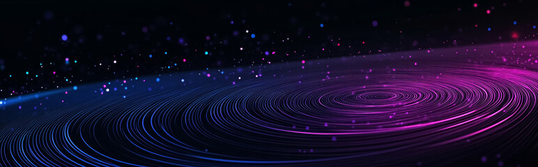 Purple abstract glowing light effect circles with sparkles on dark background. Abstract background for science, universe and cosmos, futuristic digital technologies, energy. 