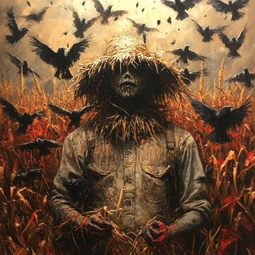 Halloween Vogelscheuche mit Raben auf Maisfeld im Herbst.