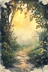 Fototapeta premium A serene pathway through a misty forest at dawn capturing the tranquility of nature's awakening