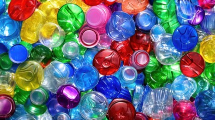 Colorful plastic caps, chaotic arrangement, vibrant and recyclable materials.