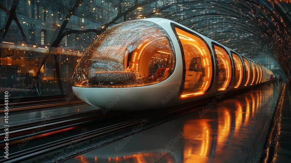Poster a sleek, futuristic train waits at a contemporary station, featuring illuminated interiors that glow
