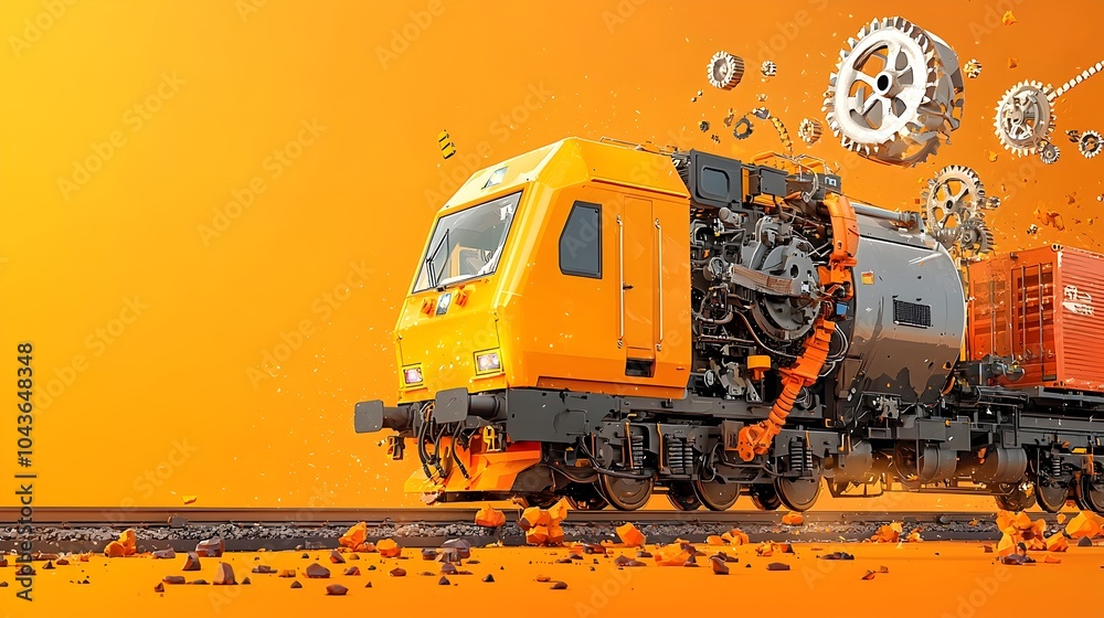 Poster cut through cross section of a freight train with container wagons locomotive engines and coupling m