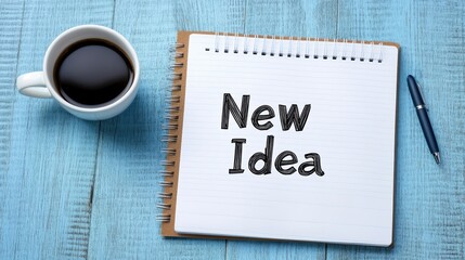 Notepad with 'New Idea' text and coffee cup on blue wooden desk, creative workspace