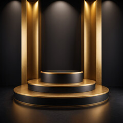 Black and gold empty podium on a dark abstract background. Modern platform for product placement, montage, promotion, mock up with copy space. 3d render for shopping day, Black friday or discount.