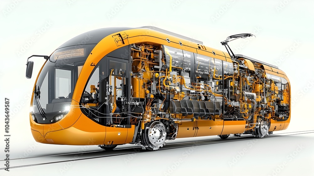 Poster detailed 3d cross section exposing the internal components and systems of a contemporary tram or lig