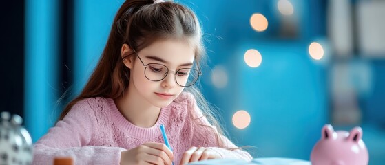 A young girl studying with a pencil in a cozy, well-lit room.