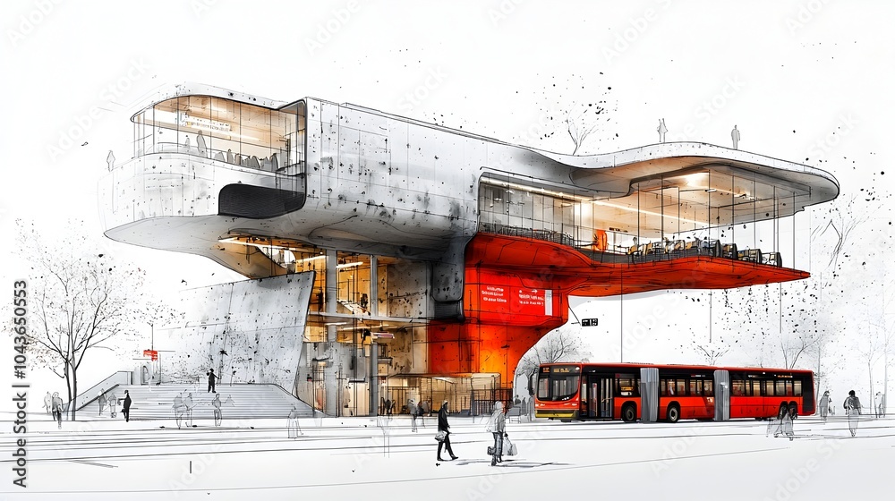 Poster detailed 3d cross section of the interior layout of a contemporary bus station showcasing the ticket