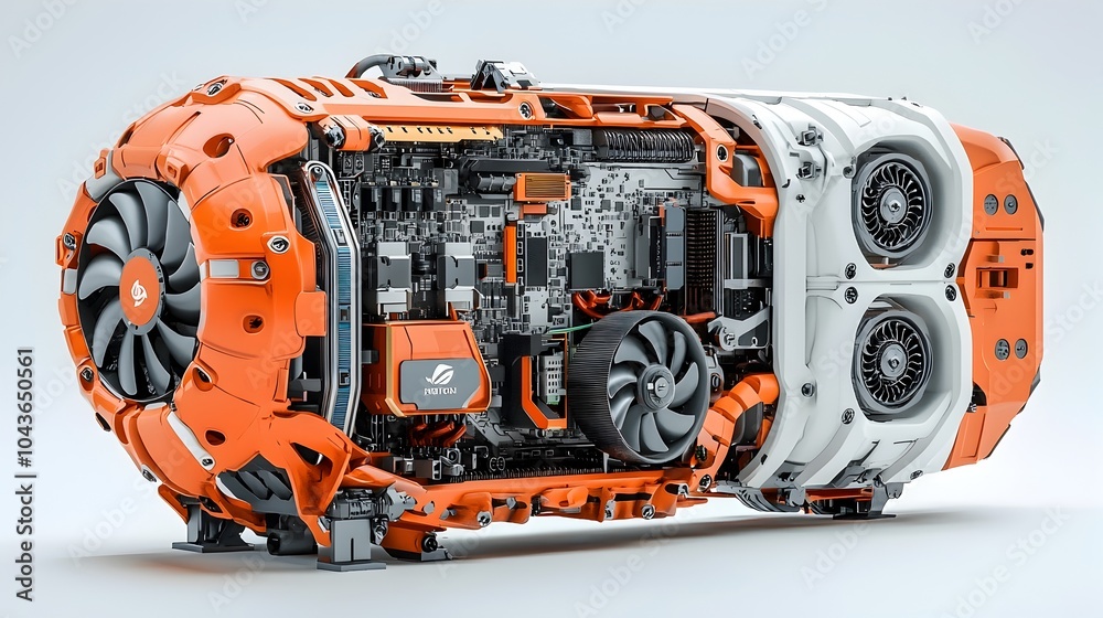 Poster Detailed 3D cross section of the internal structure and components of a gaming console exposing the graphics cards processors cooling fans and other electronic hardware that powers the device