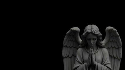 Monochrome image of a statue of an angel with wings and prayerfully folded hands on a dark background, symbolizing loss and spiritual support. Design for funeral and mourning events, memorial cards.