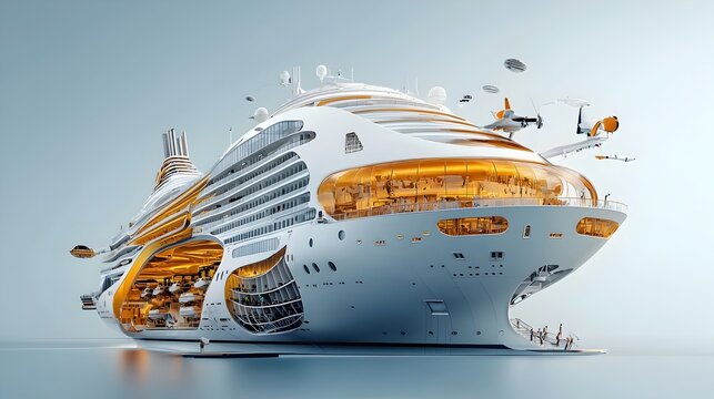 Detailed 3D cross section visualization of the interior layout of a luxurious cruise ship showcasing the passenger cabins dining areas entertainment zones and other key amenities and facilities