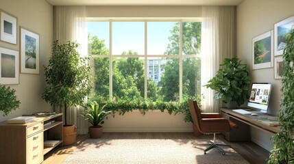 Fototapeta premium Modern home office with large window, plants, and a desk with a computer.