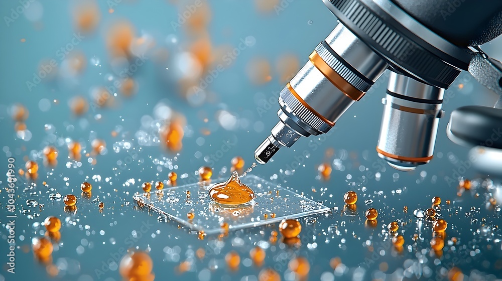 Poster detailed close up view of liquid droplet analysis being conducted on a glass slide under the powerfu