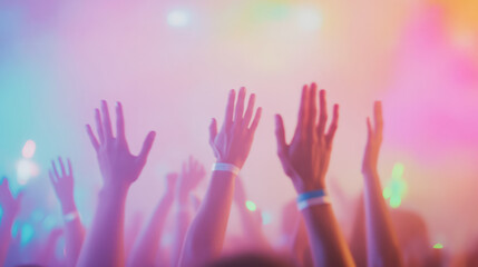 Obraz premium Silhouette of raised hands at a concert with bright stage lights in the background. Music festival and live performance concept.