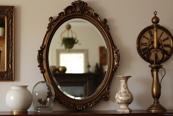 Antique Mirror A mirror with an antique frame surrounded by a fe