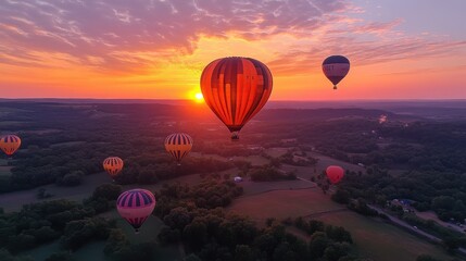 Obraz premium Aerial view of a vibrant hot air balloon festival at dawn, colorful balloons ascending against a serene sunrise backdrop, festive atmosphere, breathtaking sights