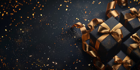 Naklejka premium Luxury Black Friday banner with black presents, gold ribbons, and shimmering golden accents for a festive sale. Horizontal banner with blank space for text.