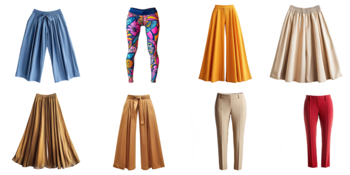 Collection of woman pant with difference design isolated on white background