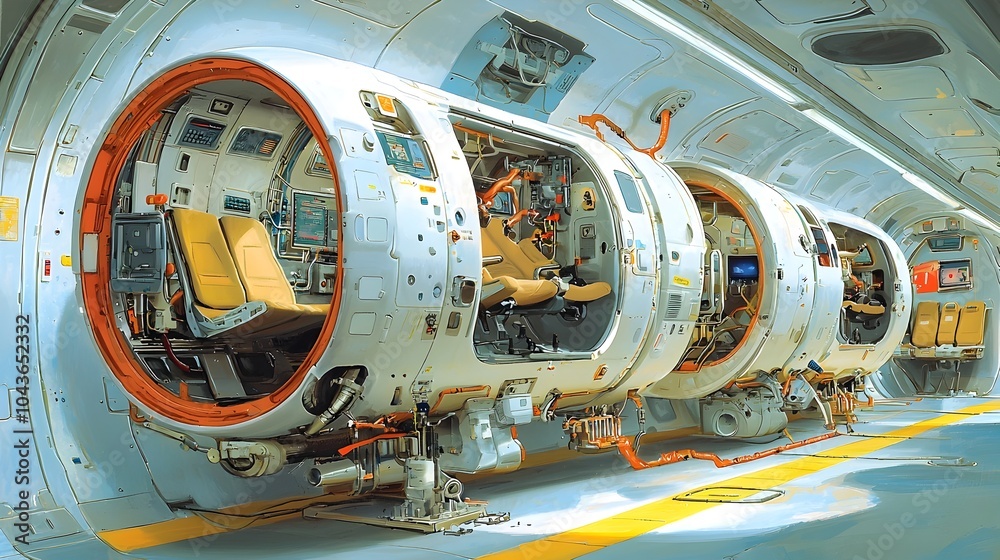 Poster detailed cross section diagram showcasing the interior layout and features of a subway car including