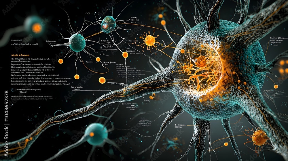 Aufkleber Detailed cross section diagram showing the intricate structure and pathways of a neuron including dendrites axons synapses and the flow of neurotransmitters