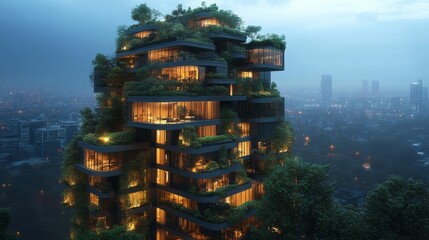 Obraz premium A stunning building with layered green terraces stands tall against a city skyline, illuminated warmly as dusk settles in, showcasing innovative design and urban greenery.
