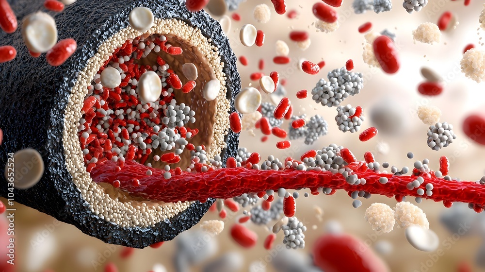 Poster detailed cross section of a blood vessel showcasing the flowing cellular components such as platelet