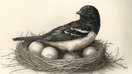 Detailed Sketch Engraving of a Nestling Bird in a Nest - Vector Illustration