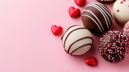 Obraz premium Delicious chocolate truffles with heart-shaped decorations on a pink background.
