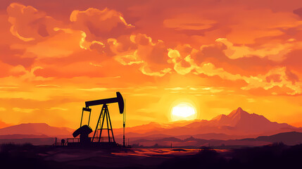 Naklejka premium Silhouette of oil pump jack against a blazing orange sunset sky desert landscape with distant mountains conveying both industrial power and environmental contemplation. Blazing Sunset. Illustration