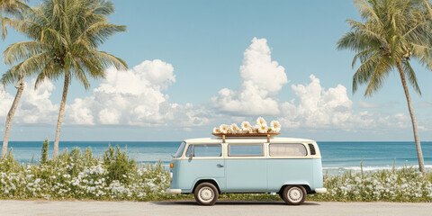 Vintage van with surfboards parked by the beach, tropical scene with palm trees and ocean, summer travel and adventure concept
