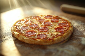 Delicious pepperoni pizza on a wooden board, capturing the warmth and comfort of homemade meals.