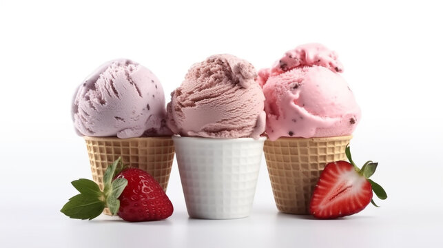 A display of six delectable ice cream cones with different flavors in a row at a charming cafe Display of Gelato in a Sweet Shop Display, Inviting You to Indulge in Tasty Dessert 