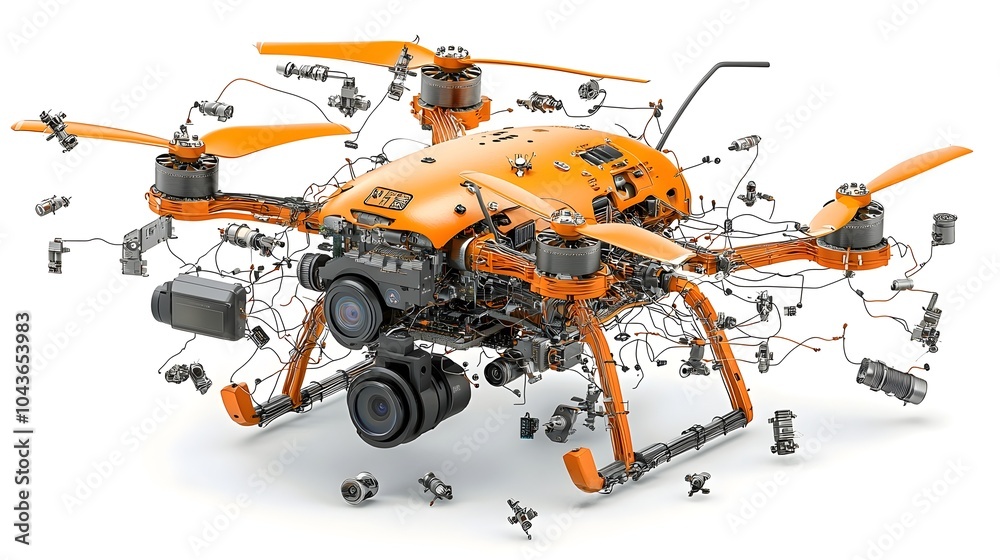 Poster Detailed cross section of an advanced AI driven drone revealing its sophisticated inner workings including deep learning chips navigation units